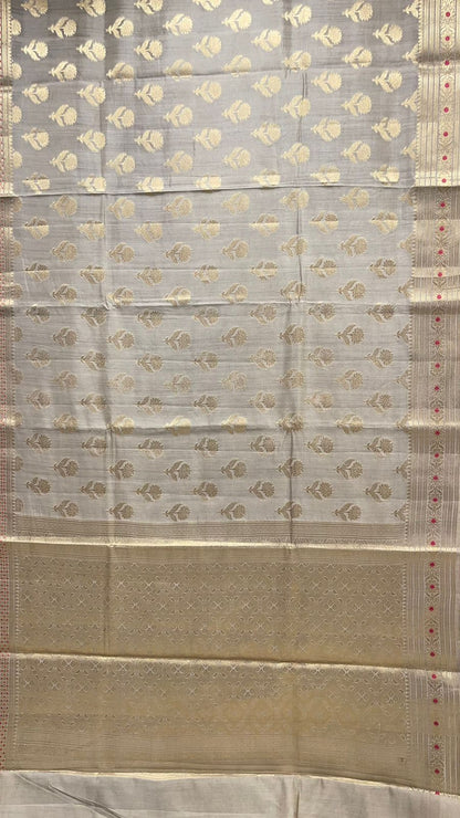 Exquisite Elegance: Faishana Pure Silk Handloom Grey Chiniya Silk Gold Floral Zari Booti with Minakari Border & Grey Blouse