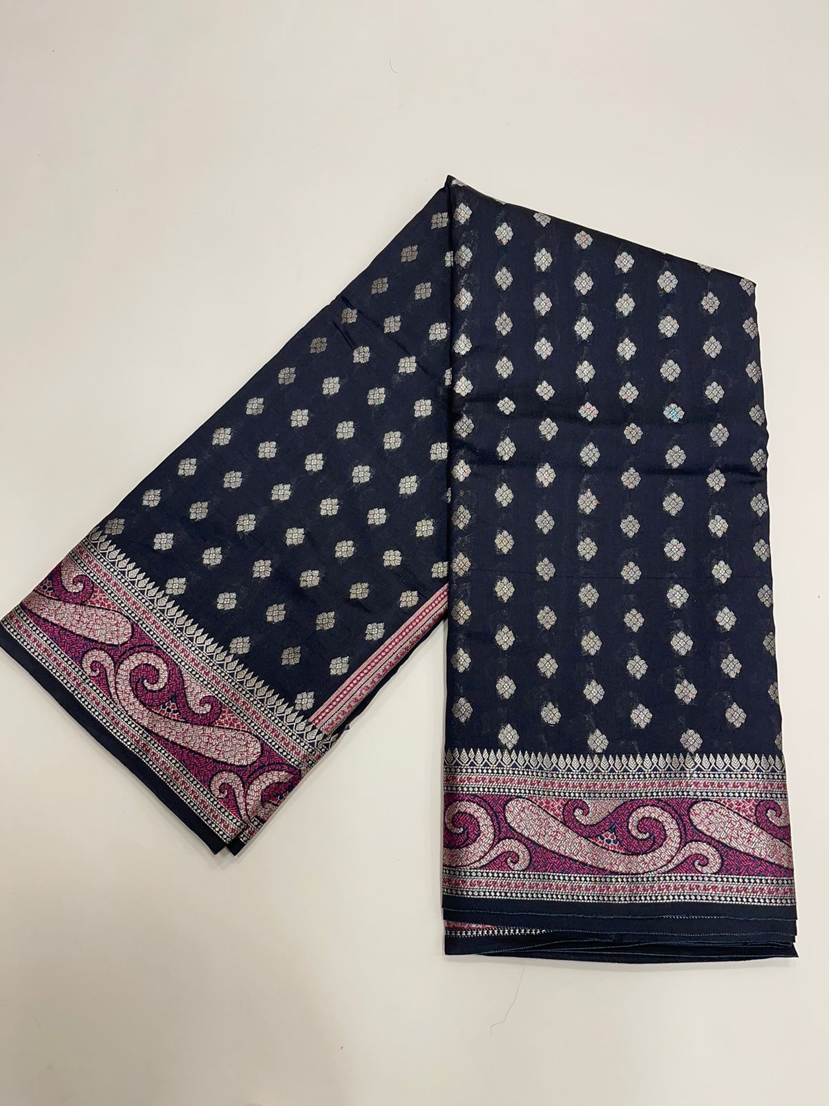 Classic Elegance: Faishana's Pure Silk Handloom Black Chiniya Silk with Gold Zari Booti and Tilfi Anchal Zari Border with Black Blouse Piece