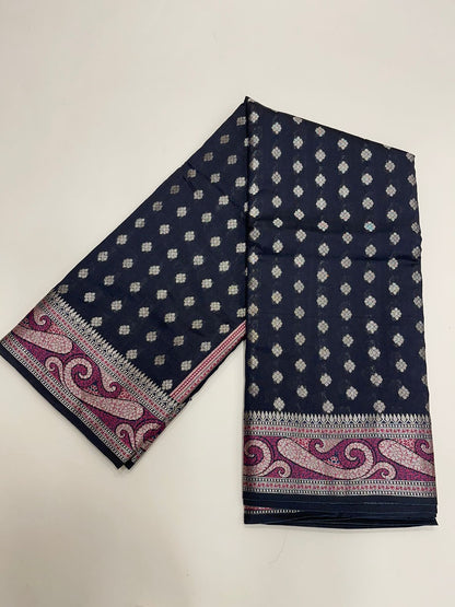 Classic Elegance: Faishana's Pure Silk Handloom Black Chiniya Silk with Gold Zari Booti and Tilfi Anchal Zari Border with Black Blouse Piece