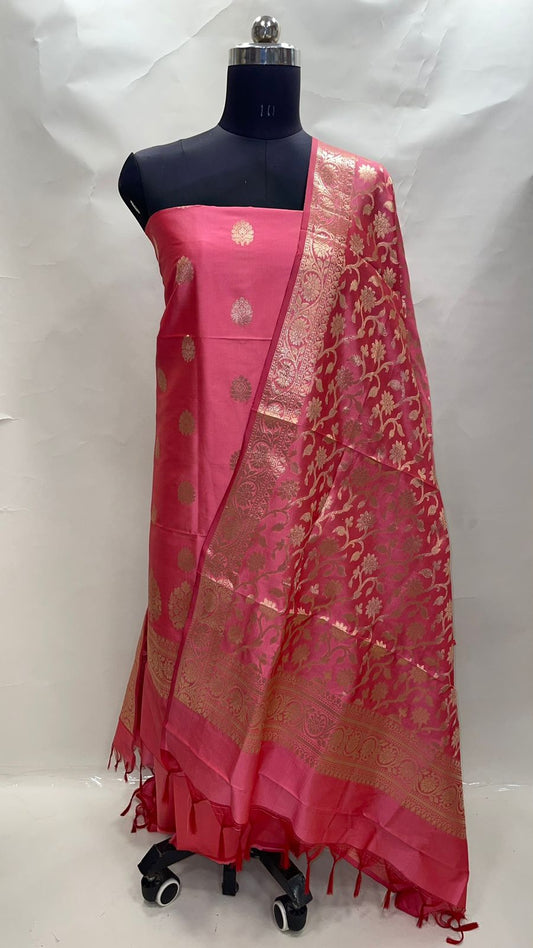 Faishana Presents Pink Katan Silk 3pcs Suit Set accompanied with Plain Bottom and Top Golden Zari Booti with Pink Golden Jaal Katan Silk Dupatta