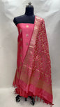 Faishana Presents Pink Katan Silk 3pcs Suit Set accompanied with Plain Bottom and Top Golden Zari Booti with Pink Golden Jaal Katan Silk Dupatta