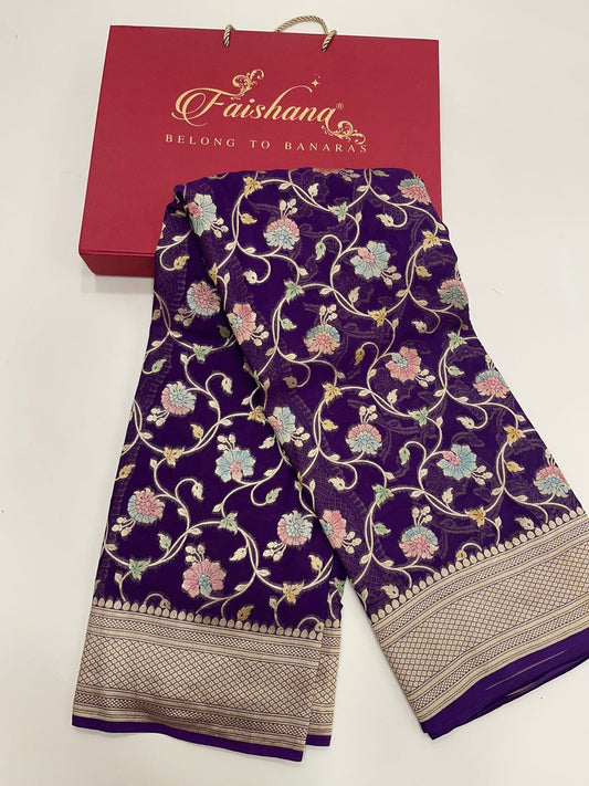 Faishana Pure Silk Handloom Exquisite Purple Khaddi Georgette Hand Brush Floral Zari Kadhwa Jaal with Banarasi Zari Border with Purple Blouse