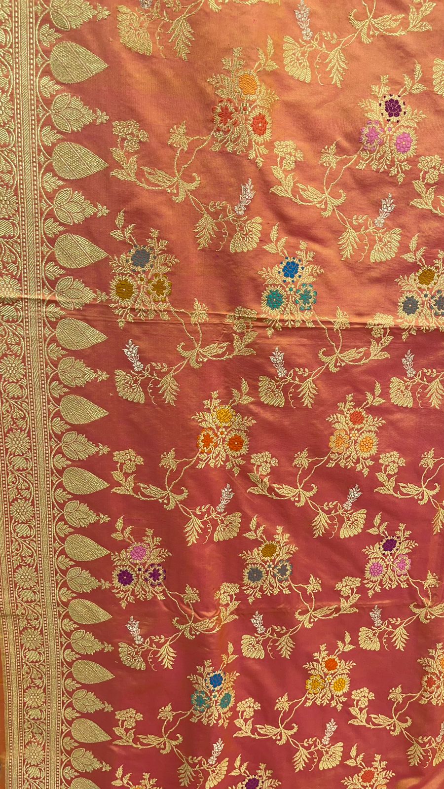 Timeless Elegance: Faishana Pure Silk Handloom Unveils Peach Ektara Dhoop Chav Katan Silk Kadhua Minakari Floral Jangla Jaal with Peach Stripe Blouse Saree
