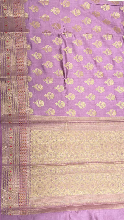 Royal Elegance: Faishana's Exquisite Light Purple Pure Chiniya Silk Gold Floral Zari Booti with Minakari Border & Purple Blouse
