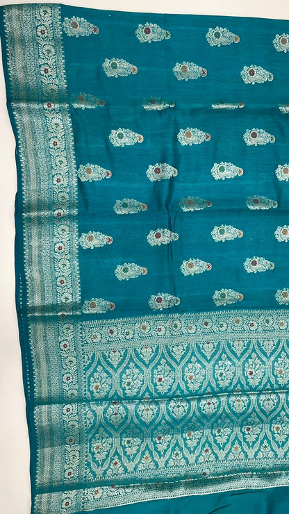 Exquisite Elegance: Faishana Pure Silk Handloom Sea Green Munga Silk Zari Mina Booti with Minakari Jaal Anchal Zari Border Saree &amp; Sea green Blouse Piece
