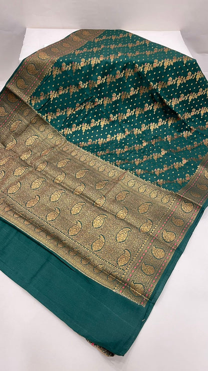 Faishana Presents Pure Silk Handloom Dark Green Muga Silk with Copper Zari Paisley Border and Dark Green Blouse