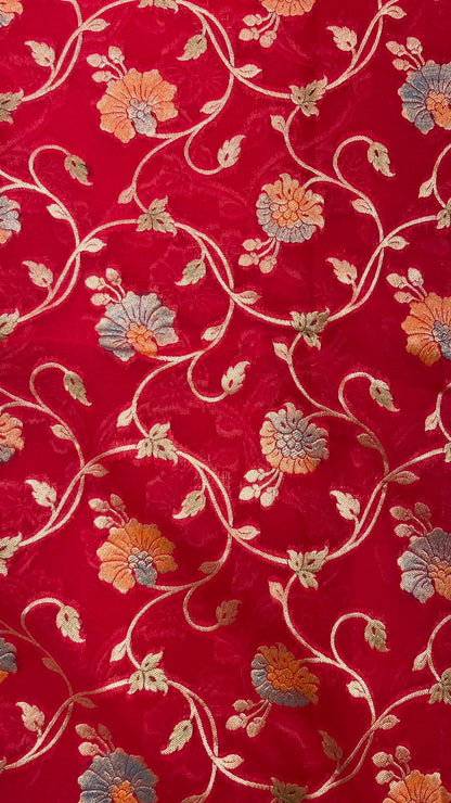 Faishana Pure Silk Handloom Exquisite Red Khaddi Georgette Hand Brush Floral Zari Kadhwa Jaal with Banarasi Zari Border with Red Blouse