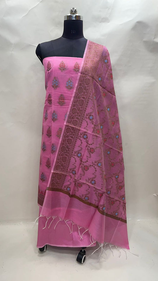 Faishana Presents Pink Cotton Resham Copper Zari 3pcs Suit Set accompanied with Plain Bottom and Top Copper Zari Cotton Small Mina Boota with Pink Mina Jaal Dupatta