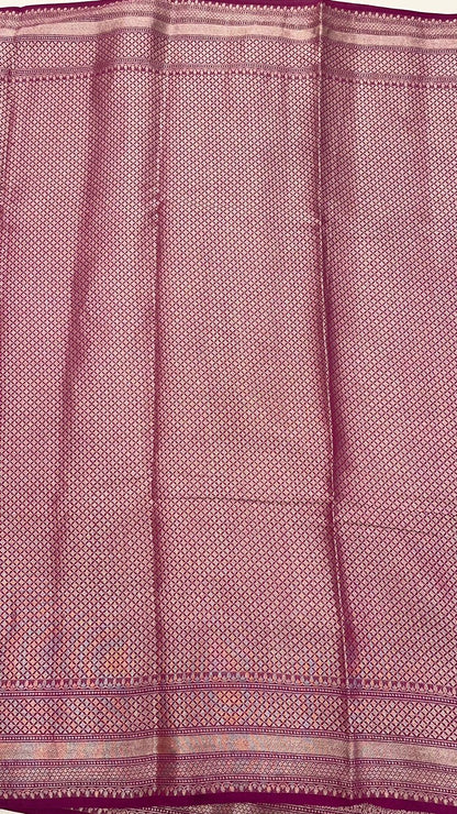 Faishana Pure Silk Handloom Pink Pure Muga Silk Zari Mina Booti Minakari Jaal Pallu with Minakari Zari Border Banarasi Saree with Pink Blouse