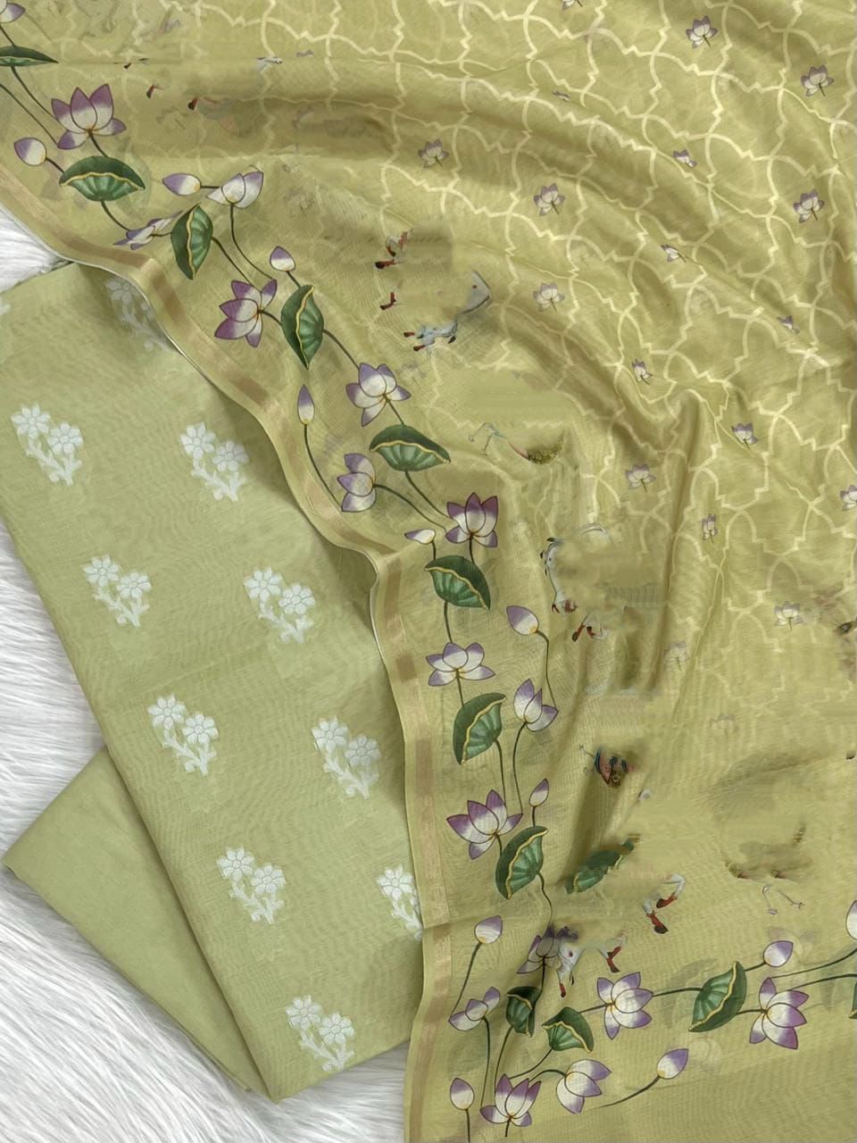 Pista Green Pure Mercerised Resham Mina Digital Print Dupatta Banarasi Suit Set 1000SKL_RM8