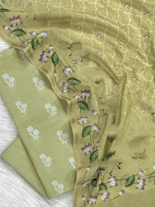 Pista Green Pure Mercerised Resham Mina Digital Print Dupatta Banarasi Suit Set 1000SKL_RM8