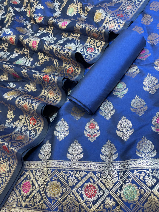 Navy Blue Semi Silk Alfi Mina Zari Booti Minakari Banarasi Suit 1000AJ_SSLK10