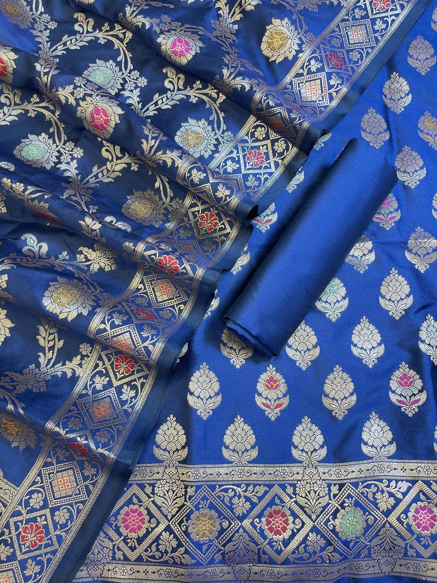 Navy Blue Semi Silk Alfi Mina Zari Booti Minakari Banarasi Suit 1000AJ_SSLK10
