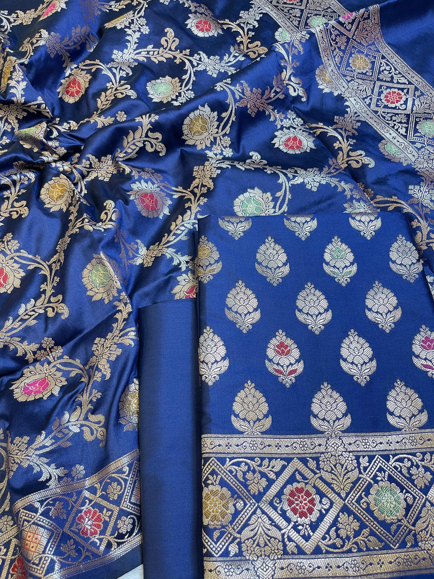 Navy Blue Semi Silk Alfi Mina Zari Booti Minakari Banarasi Suit 1000AJ_SSLK10