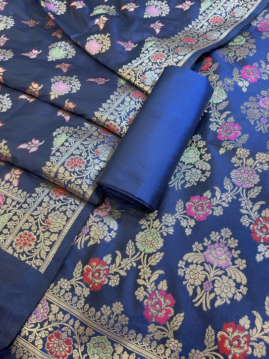 Navy Blue Semi Silk Alfi Minakari Zari Jaal Banarasi Suit 1000AJ_SSLK12