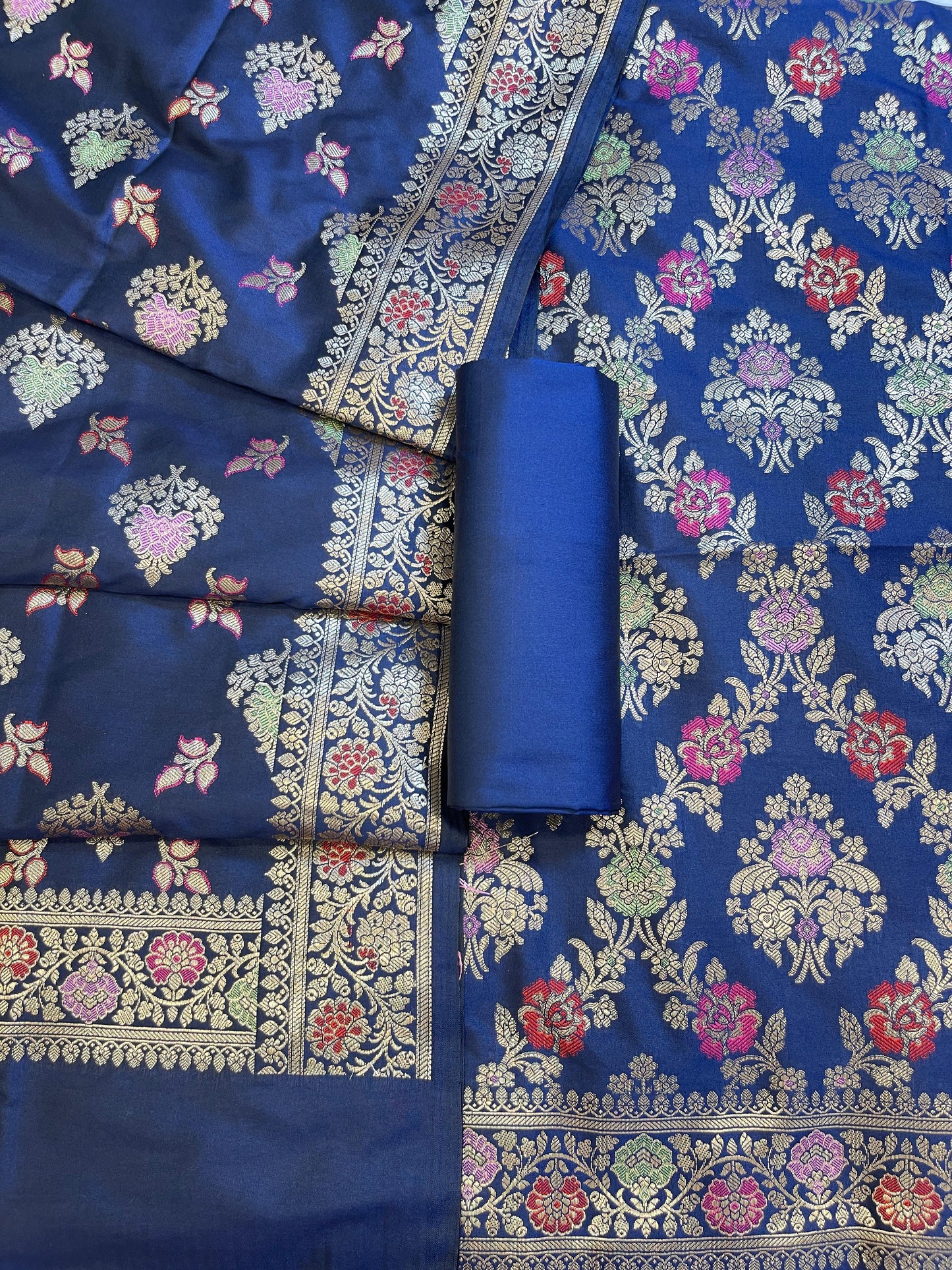 Navy Blue Semi Silk Alfi Minakari Zari Jaal Banarasi Suit 1000AJ_SSLK12