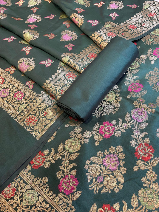 Dark Green Semi Silk Alfi Minakari Zari Jaal Banarasi Suit 1000AJ_SSLK13