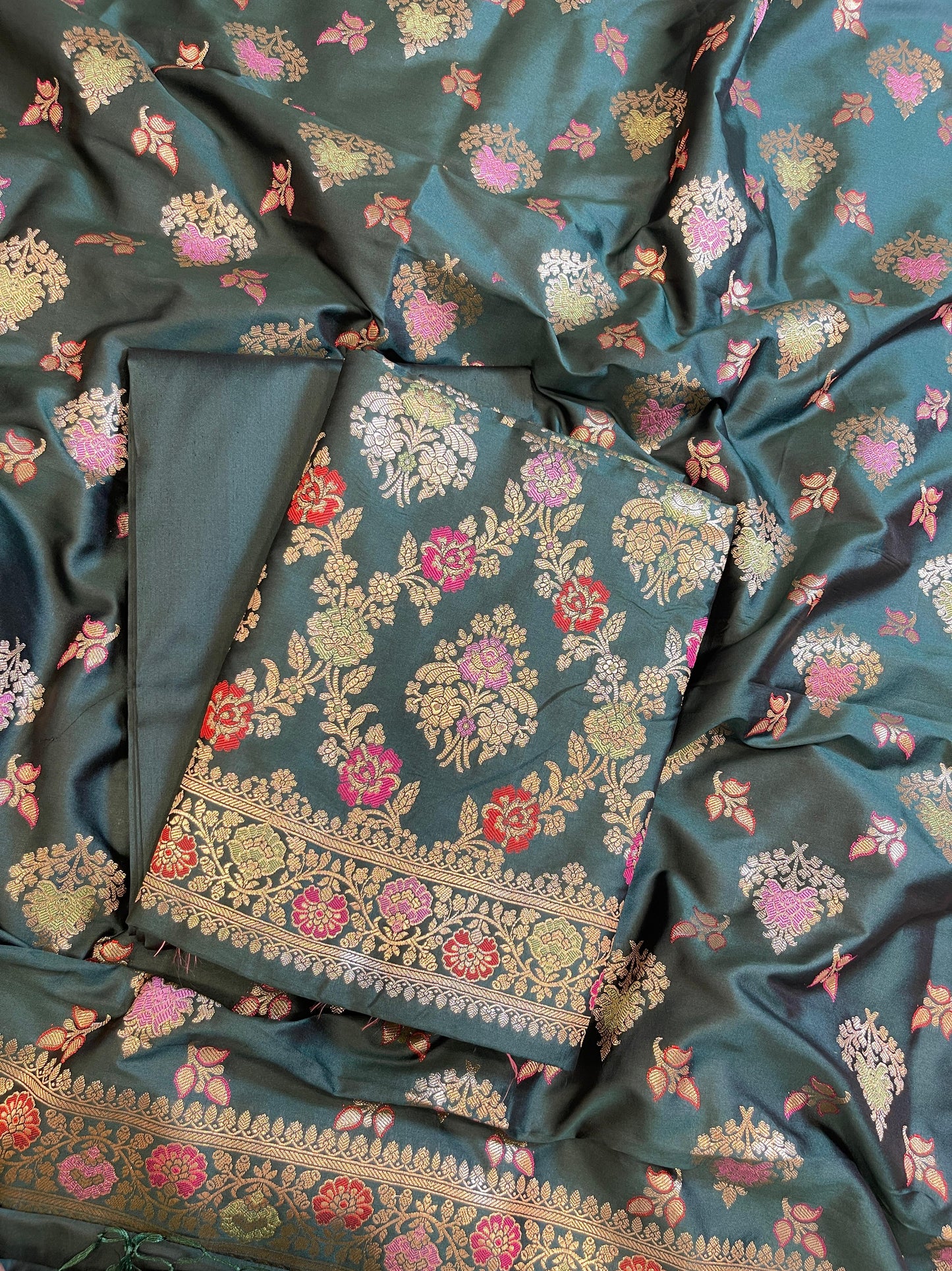 Dark Green Semi Silk Alfi Minakari Zari Jaal Banarasi Suit 1000AJ_SSLK13