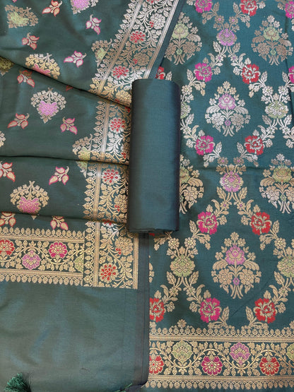 Dark Green Semi Silk Alfi Minakari Zari Jaal Banarasi Suit 1000AJ_SSLK13