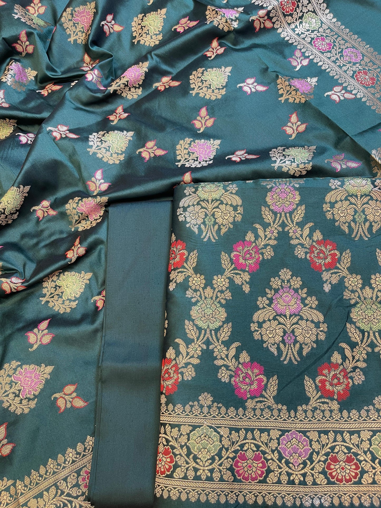 Dark Green Semi Silk Alfi Minakari Zari Jaal Banarasi Suit 1000AJ_SSLK13