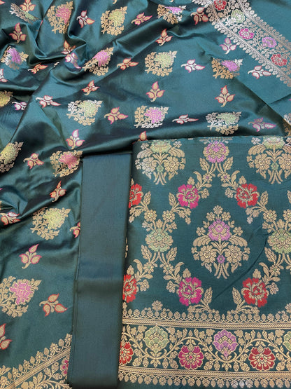 Dark Green Semi Silk Alfi Minakari Zari Jaal Banarasi Suit 1000AJ_SSLK13