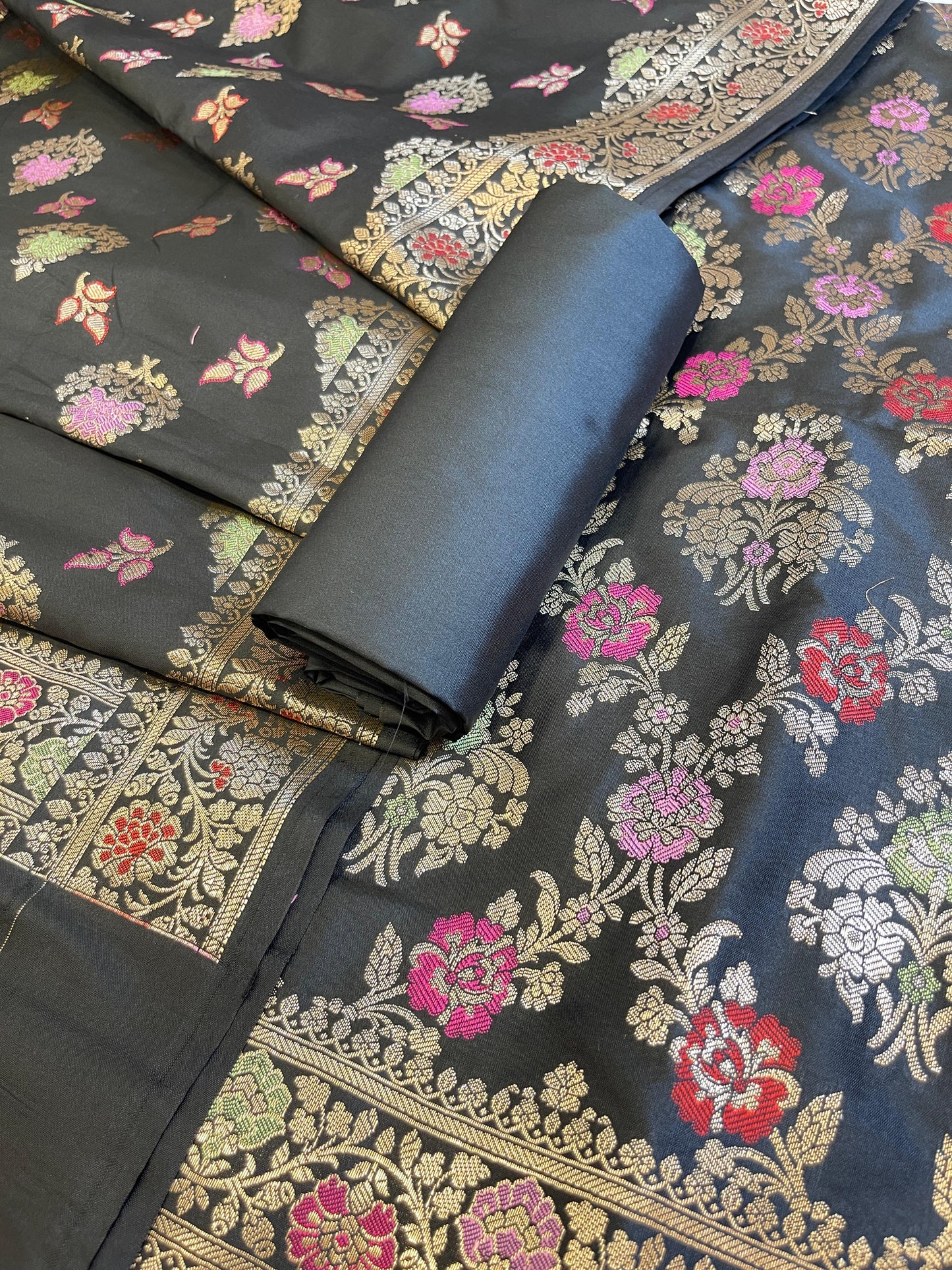Black Semi Silk Alfi Minakari Zari Jaal Banarasi Suit 1000AJ_SSLK14