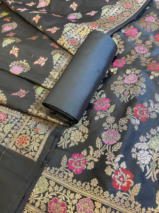 Black Semi Silk Alfi Minakari Zari Jaal Banarasi Suit 1000AJ_SSLK14