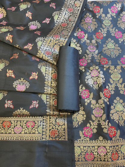 Black Semi Silk Alfi Minakari Zari Jaal Banarasi Suit 1000AJ_SSLK14