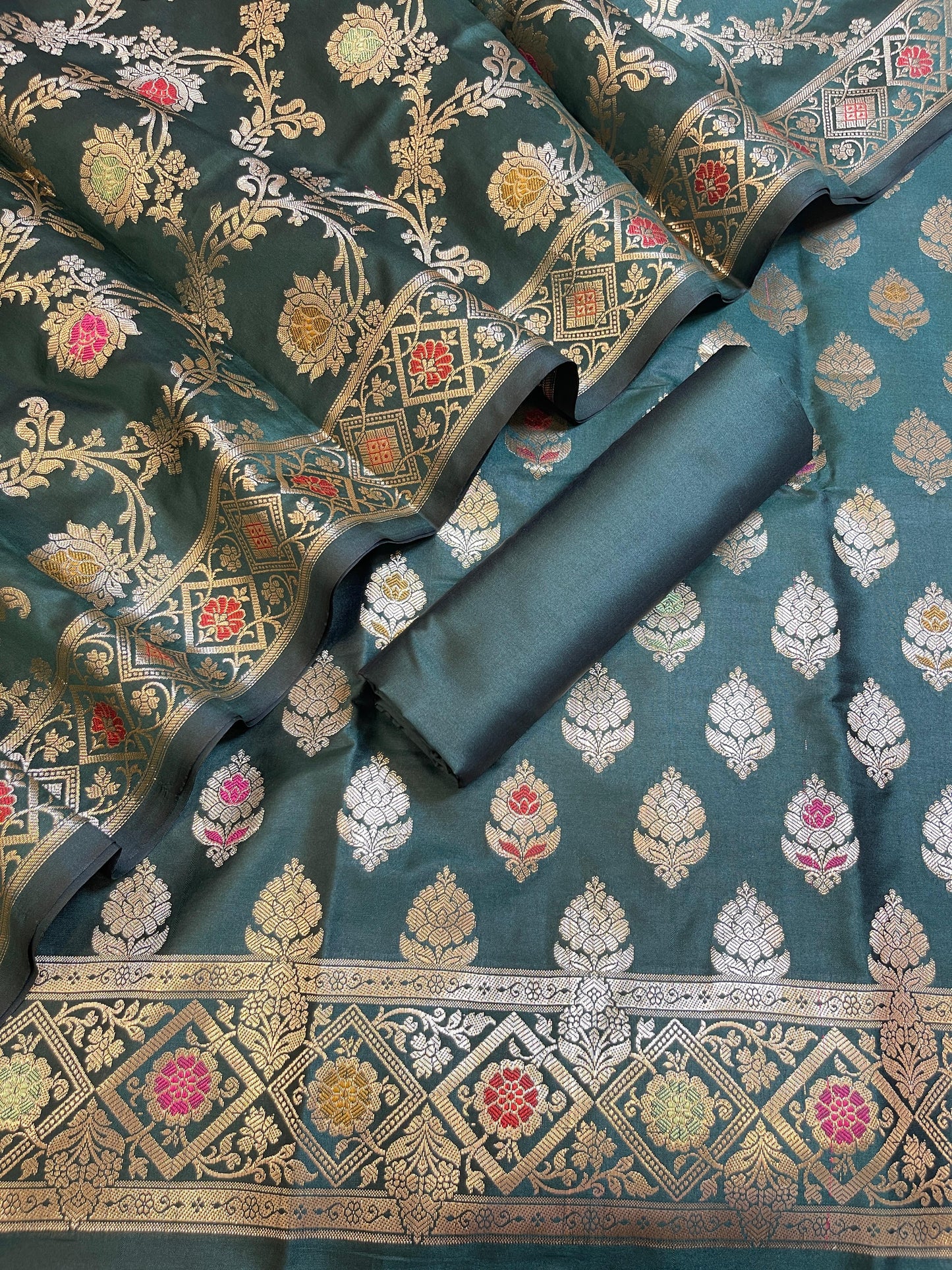 Dark Green Semi Silk Alfi Mina Zari Booti Minakari Banarasi Suit 1000AJ_SSLK4