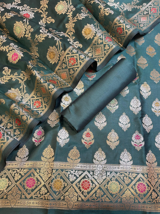Dark Green Semi Silk Alfi Mina Zari Booti Minakari Banarasi Suit 1000AJ_SSLK4