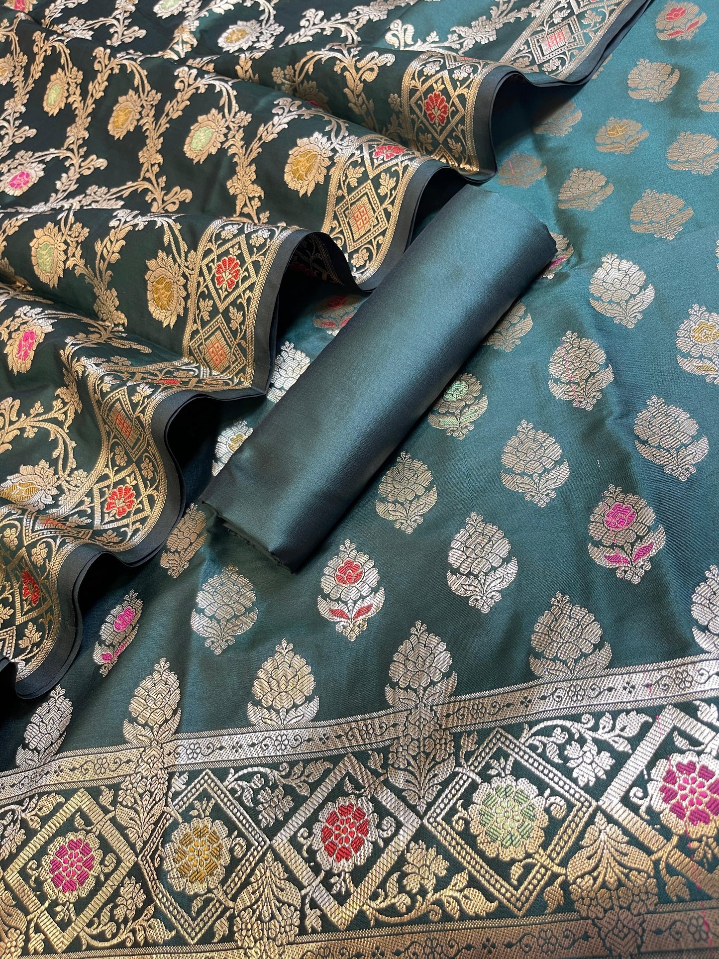 Dark Green Semi Silk Alfi Mina Zari Booti Minakari Banarasi Suit 1000AJ_SSLK4