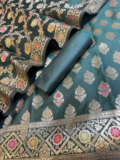 Dark Green Semi Silk Alfi Mina Zari Booti Minakari Banarasi Suit 1000AJ_SSLK4