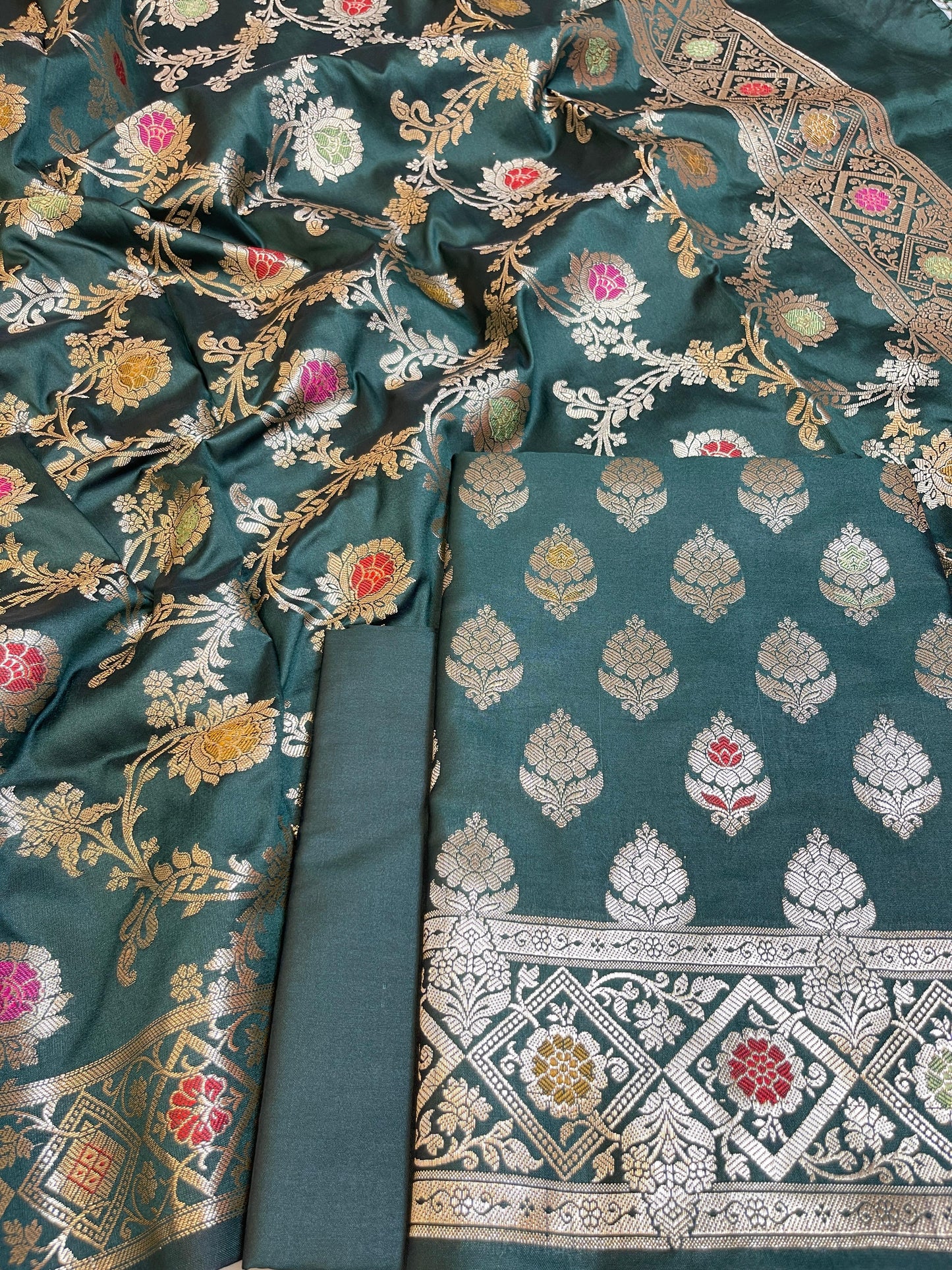 Dark Green Semi Silk Alfi Mina Zari Booti Minakari Banarasi Suit 1000AJ_SSLK4