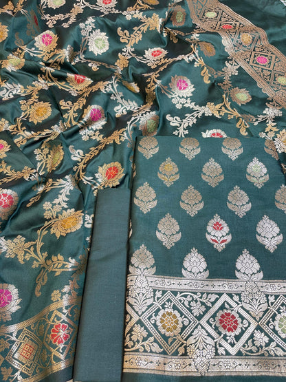 Dark Green Semi Silk Alfi Mina Zari Booti Minakari Banarasi Suit 1000AJ_SSLK4