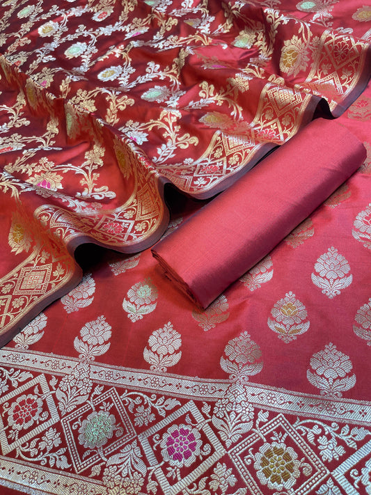 Red Semi Silk Alfi Mina Zari Booti Minakari Banarasi Suit 1000AJ_SSLK5