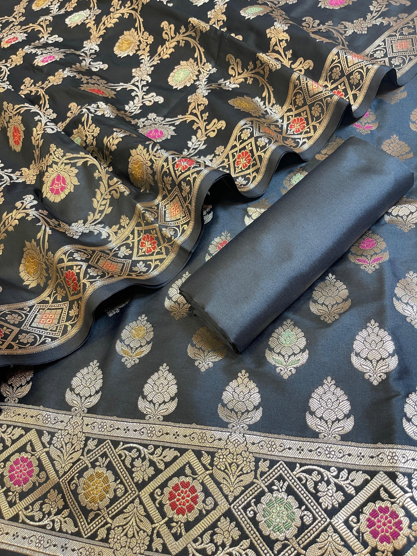 Black Semi Silk Alfi Mina Zari Booti Minakari Banarasi Suit 1000AJ_SSLK6
