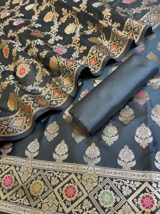Black Semi Silk Alfi Mina Zari Booti Minakari Banarasi Suit 1000AJ_SSLK6