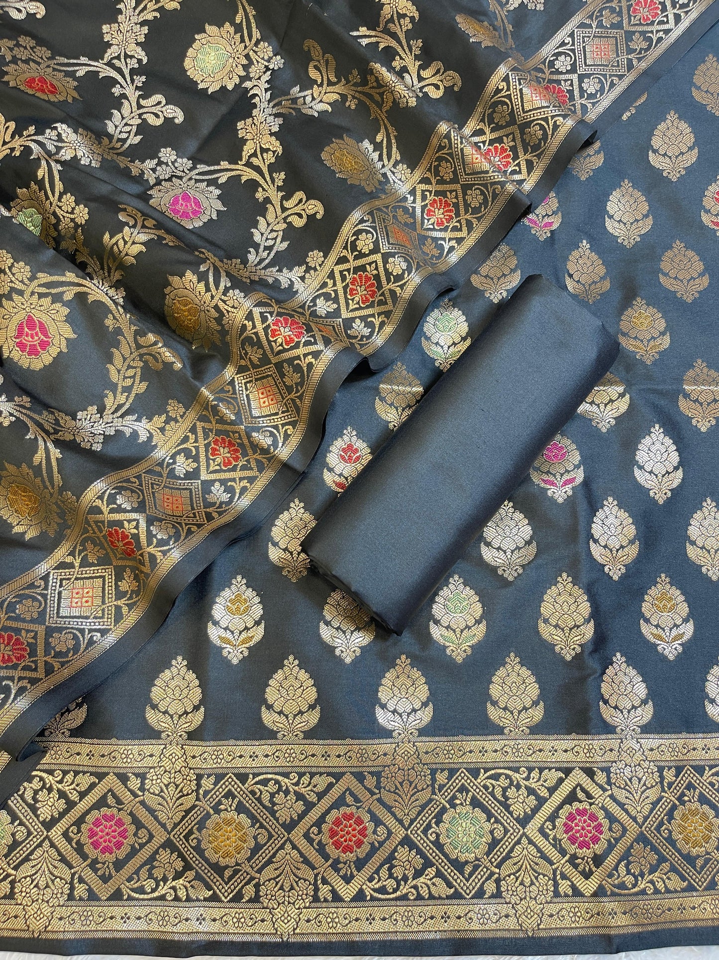 Black Semi Silk Alfi Mina Zari Booti Minakari Banarasi Suit 1000AJ_SSLK6