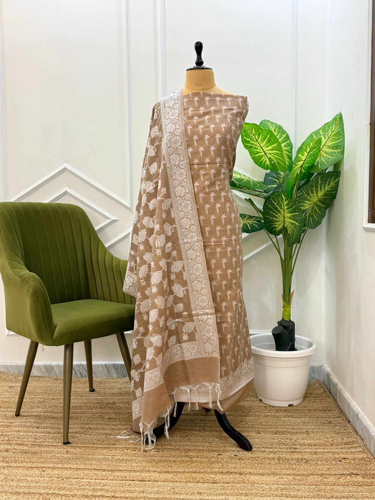 Beige Soft Linen Dupion Banarasi Suit With Jaal Dupatta 1000SKL_LN8