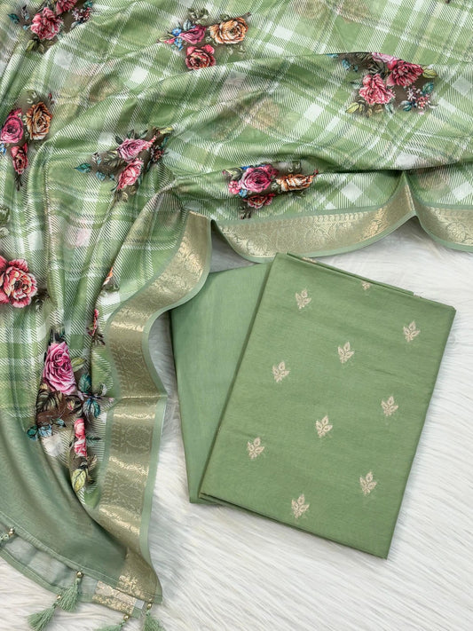 Green Pure Mercerised Cotton Banarasi Suit with Zari Weaving & Chanderi Digital Print Dupatta 1000SKL_MC2