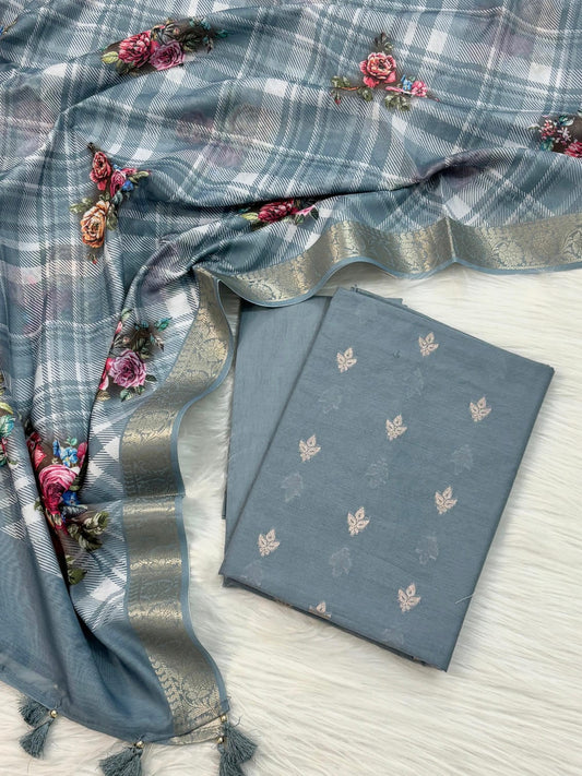 Grey Pure Mercerised Cotton Banarasi Suit with Zari Weaving & Chanderi Digital Print Dupatta 1000SKL_MC3
