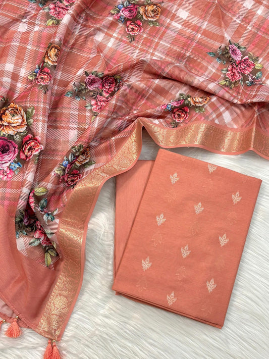 Orange Pure Mercerised Cotton Banarasi Suit with Zari Weaving & Chanderi Digital Print Dupatta 1000SKL_MC4