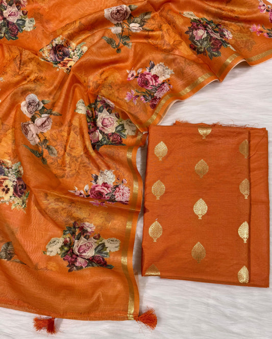 Orange Pure Mercerise Floral Zari Booti Banarasi Suit with Digital Print Dupatta 1000SKL_MSD1