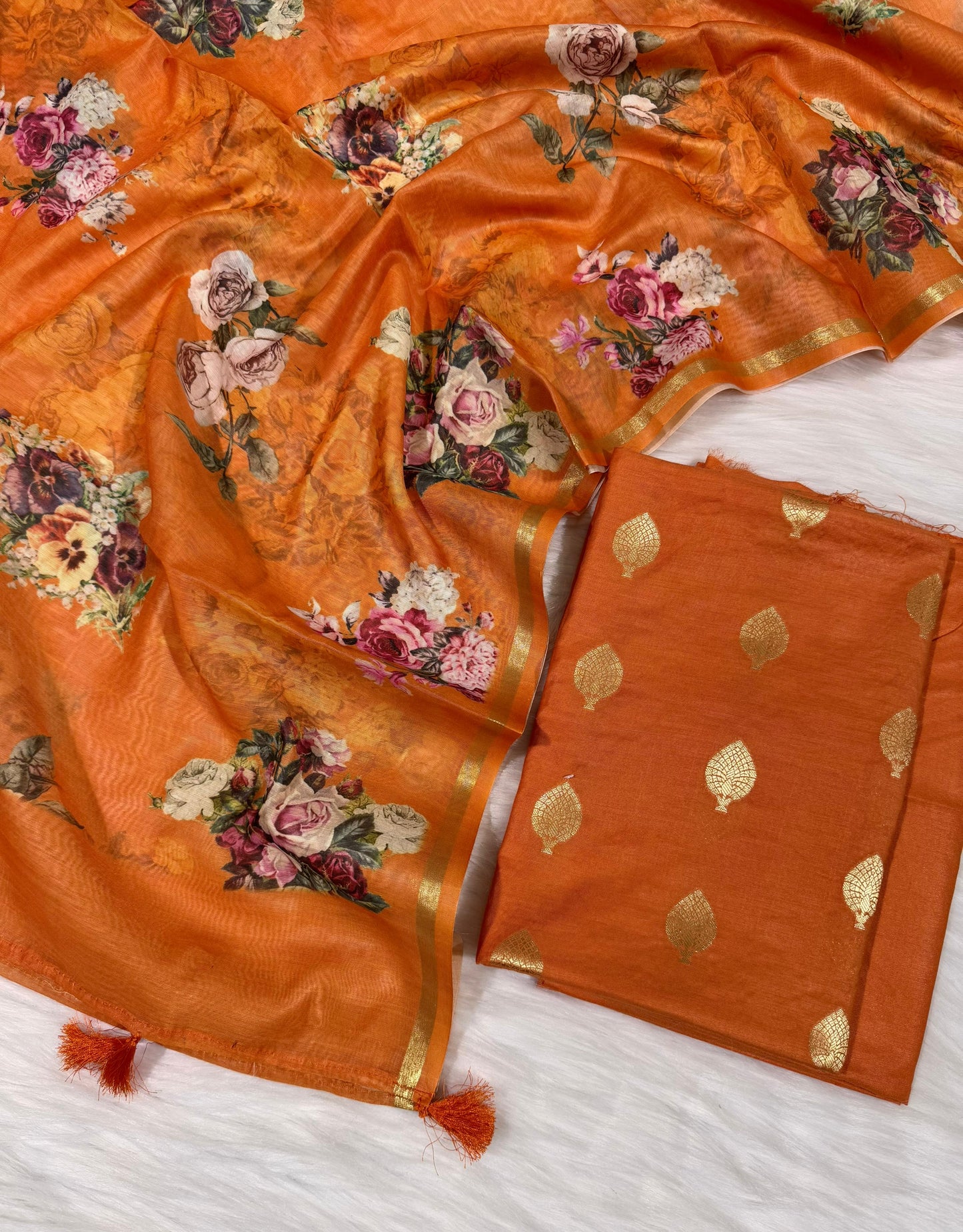 Orange Pure Mercerise Floral Zari Booti Banarasi Suit with Digital Print Dupatta 1000SKL_MSD1