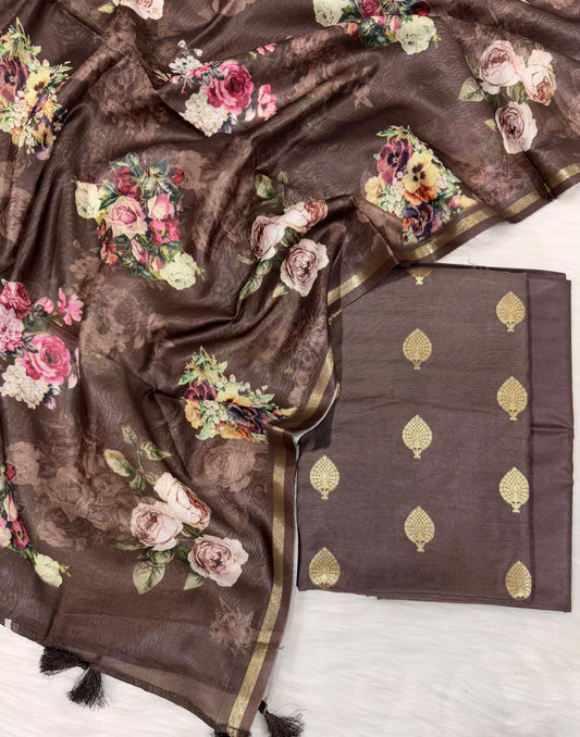 Brown Pure Mercerise Floral Zari Booti Banarasi Suit with Digital Print Dupatta 1000SKL_MSD3
