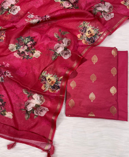 Dark Pink Pure Mercerise Floral Zari Booti Banarasi Suit with Digital Print Dupatta 1000SKL_MSD4