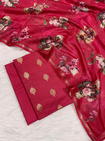 Dark Pink Pure Mercerise Floral Zari Booti Banarasi Suit with Digital Print Dupatta 1000SKL_MSD4