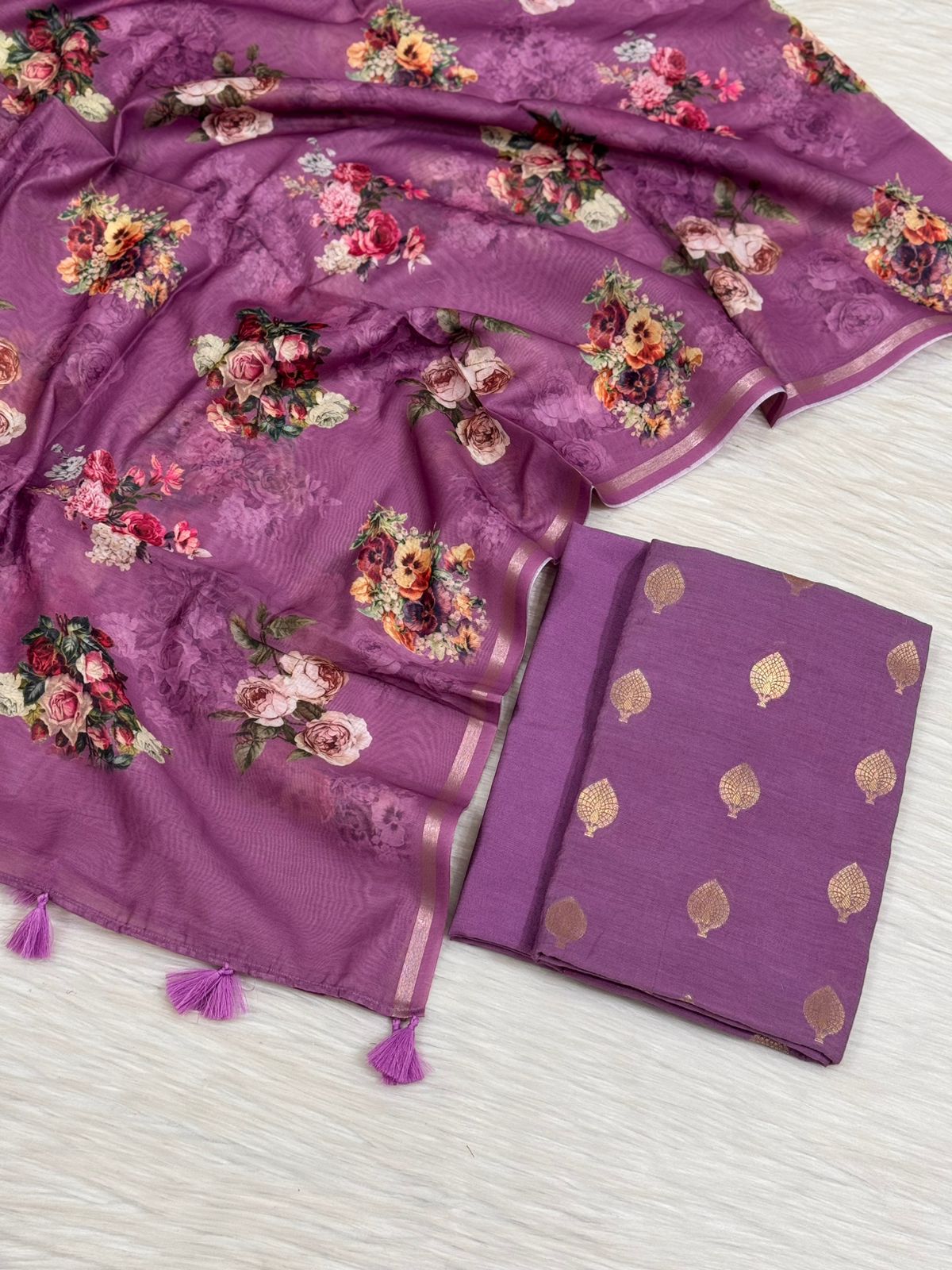 Light Purple Pure Mercerise Floral Zari Booti Banarasi Suit with Digital Print Dupatta 1000SKL_MSD5