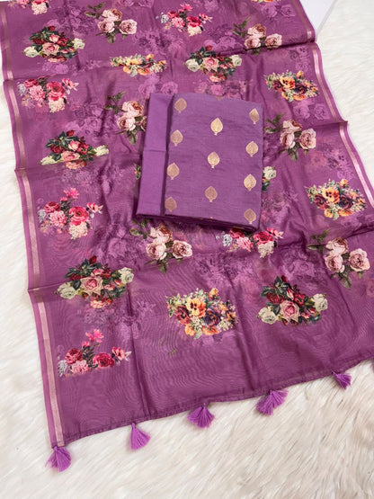 Light Purple Pure Mercerise Floral Zari Booti Banarasi Suit with Digital Print Dupatta 1000SKL_MSD5