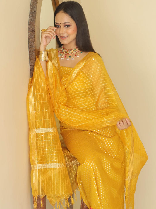 Yellow Banarasi Mercerised Lorex Weave Suit with Organza Silk Check Sequins Embroidery Dupatta 1000SKL_OGL1